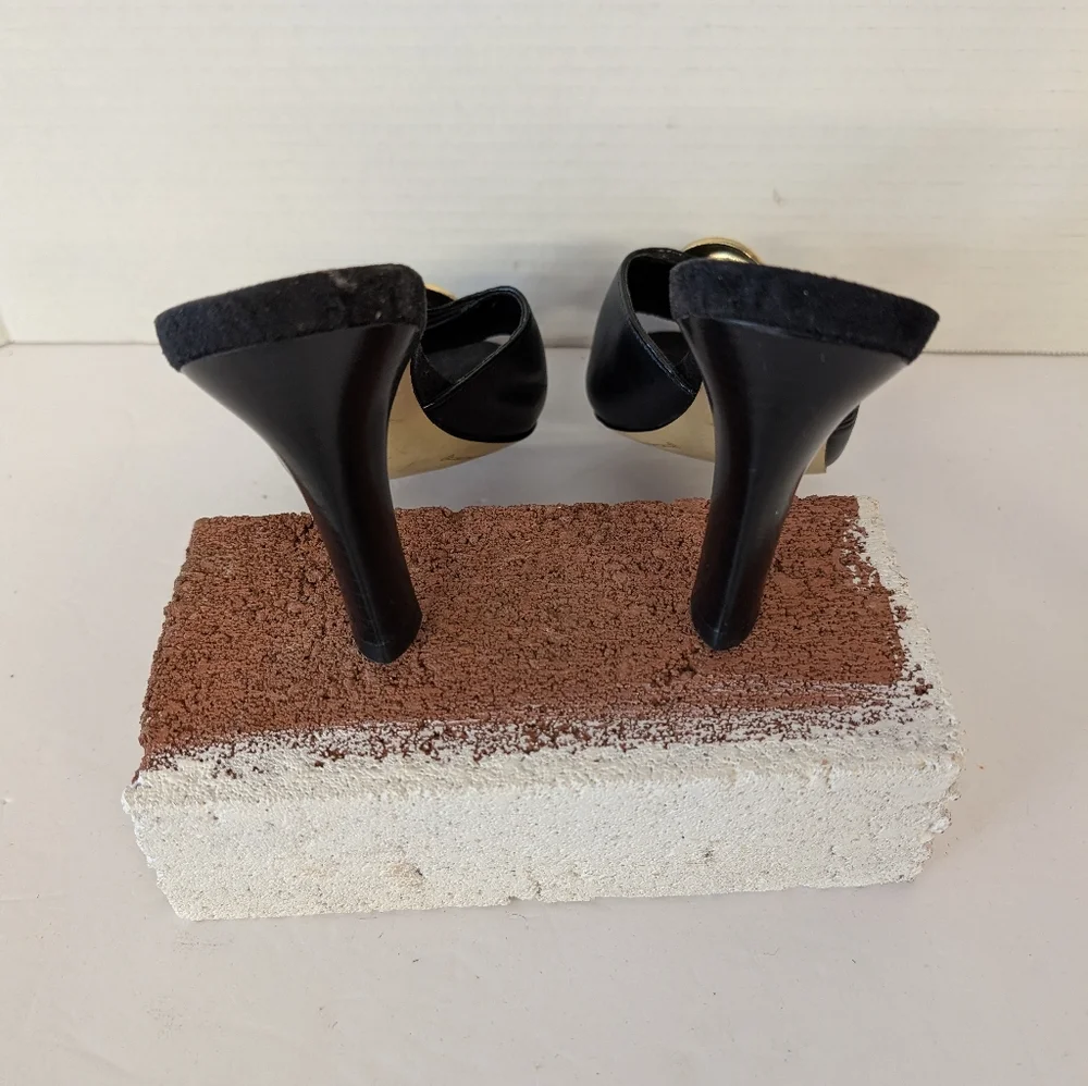 Franco Sarto Black Mule Slides with Gold Buckle